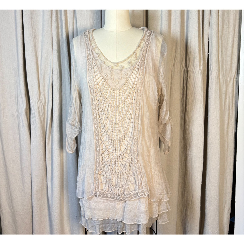Y2K 100% Silk Embroidered Crochet Layer Tunic Cream Boho Italian Made Medium - Picture 2 of 10